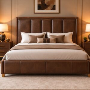 Leather Craft Upholstered Bed Set – Rich Brown Leather-Look Finish with Elegant Panel Design