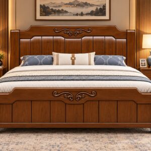 Classic Carved Wooden Bed Set – Rich Walnut Finish with Elegant Traditional Detailing