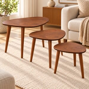 Solene Modern Wooden Nesting Tables – Set of 3 with Organic Oval Tops and Warm Walnut Finish