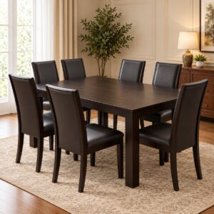 Caldor Modern 8-Seater Dining Set with Dark Walnut Wooden Table and Black Upholstered High-Back Chairs