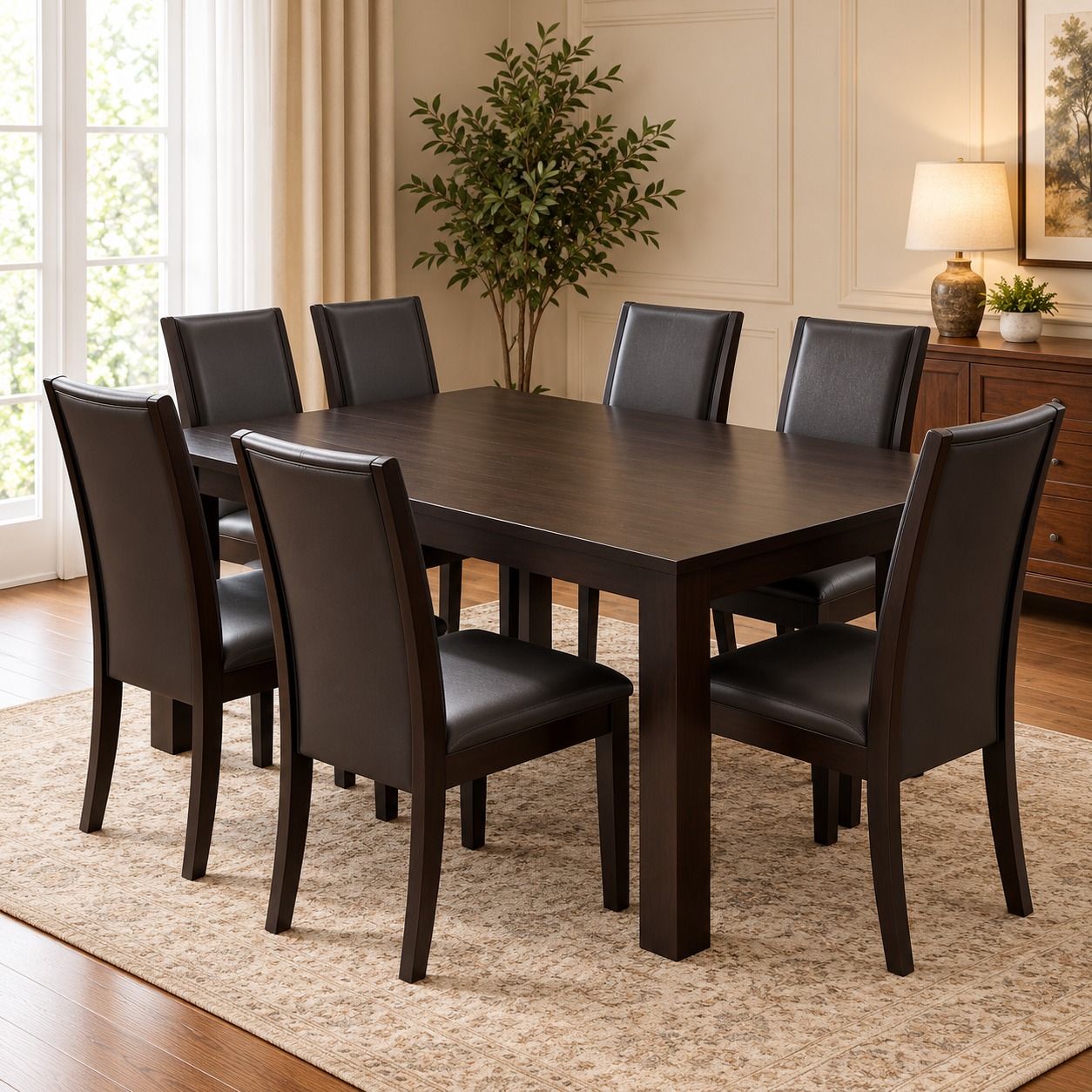 Caldor Modern 8-Seater Dining Set with Dark Walnut Wooden Table and Black Upholstered High-Back Chairs