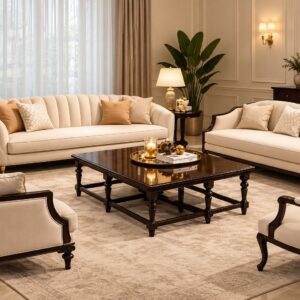 Classic Elegance Sofa Set – Cream Upholstery with Dark Wooden Frame and Matching Center Table
