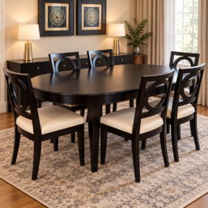 Cavaro Modern 6-Seater Dining Set with Dark Walnut Oval Table, Circular Backrest Chairs and Cream Cushioned Seats