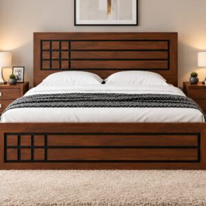 Meridian Grid Wooden Bed Set – Rich Walnut Finish with Modern Black Geometric Detailing
