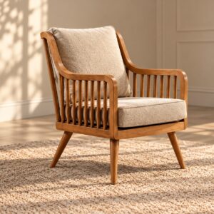 Slat Haven Modern Wooden Lounge Chair with Vertical Slatted Armrests, Natural Oak Finish and Cream Cushioned Seating