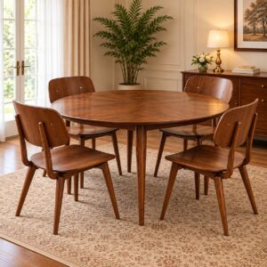 Vareno Modern 4-Seater Dining Set with Round Walnut Wooden Table, Curved Backrest Chairs and Elegant Mid-Century Design