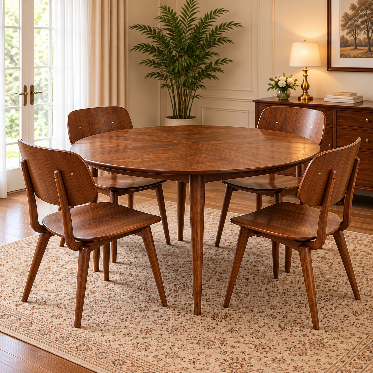 Vareno Modern 4-Seater Dining Set with Round Walnut Wooden Table, Curved Backrest Chairs and Elegant Mid-Century Design
