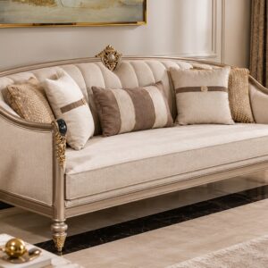 Elegant Creast Classic Sofa Set – Cream Upholstery with Curved Backrest and Ornate Gold Detailing