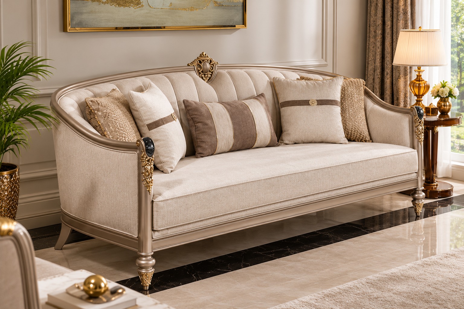 Elegant Creast Classic Sofa Set – Cream Upholstery with Curved Backrest and Ornate Gold Detailing