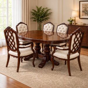 Lysandra Classic 5-Seater Dining Set with Oval Wooden Table, Carved Double Pedestal Base and Elegant Upholstered Chairs