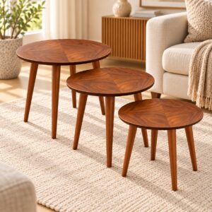 Lunara Modern Round Nesting Tables – Set of 3 with Geometric Walnut Tops and Tapered Wooden Legs