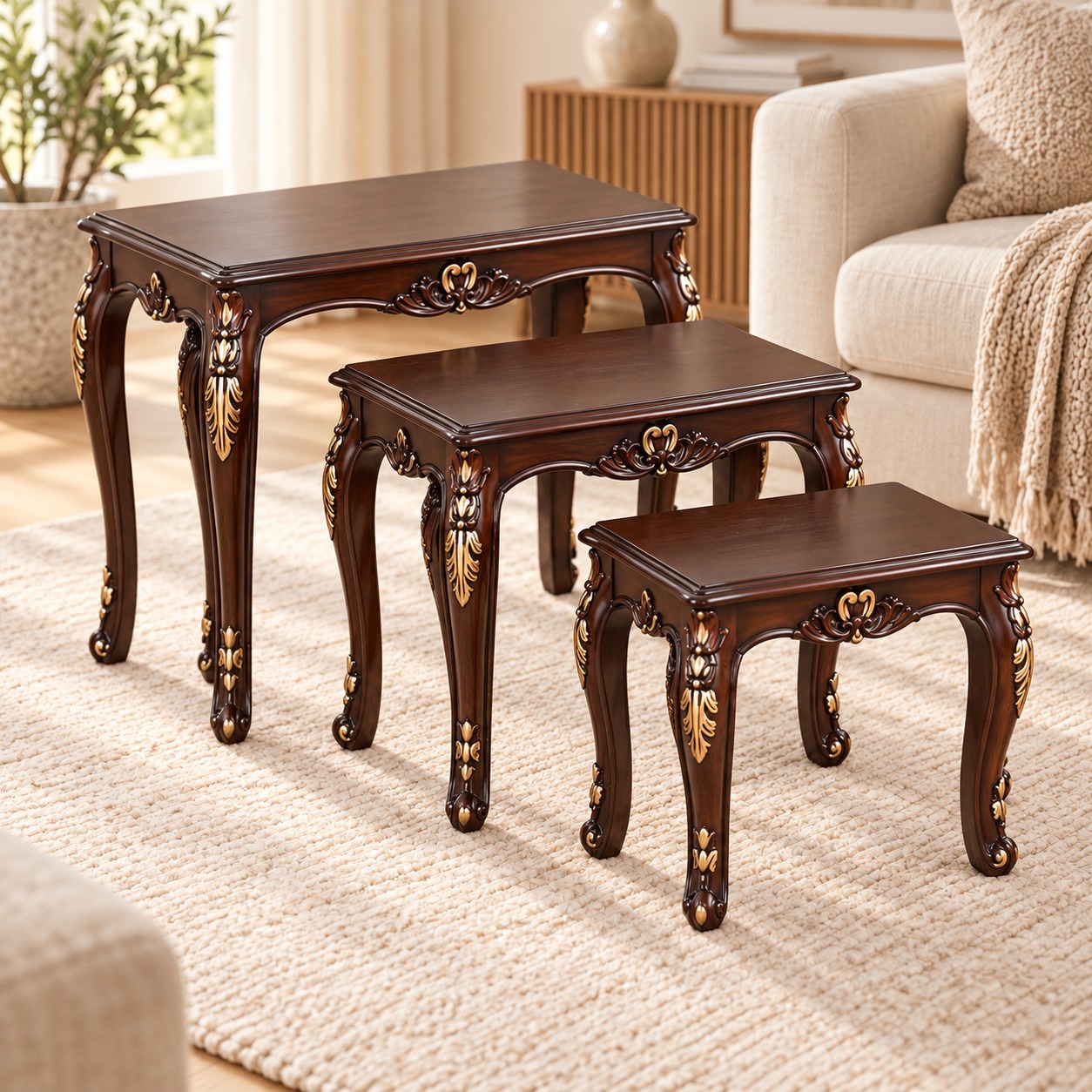 Maquess Classic Wooden Nesting Tables – Set of 3 with Dark Walnut Finish and Ornate Gold Carved Detailing