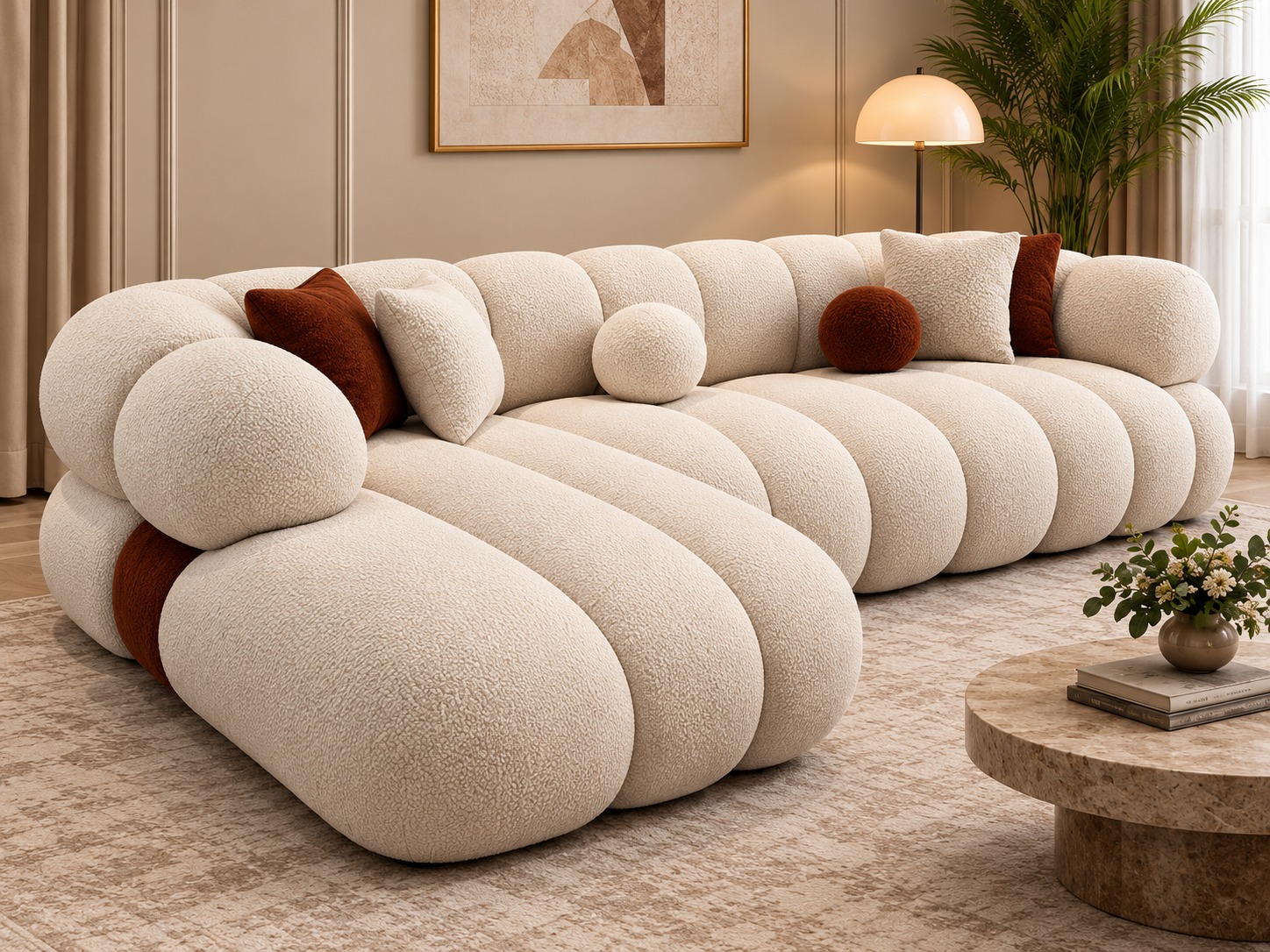 Cloud Curve Modern Sofa – Soft Ivory Bouclé Upholstery with Sculpted Curved Design
