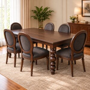 Merano Classic 6-Seater Dining Set with Rich Walnut Finish, Rectangular Wooden Table, Turned Legs and Grey Upholstered Chairs