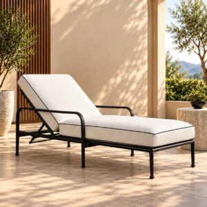 Adjustable Outdoor Lounge Bed with Cream Cushions and Black Metal Frame
