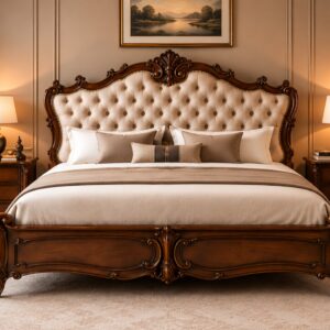 Tufted Elegance Classic Bed Set – Ornate Carved Wood Frame with Button-Tufted Upholstered Headboard