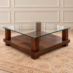 Aurora Modern Glass Top Center Table with Solid Wooden Base and Open Lower Shelf