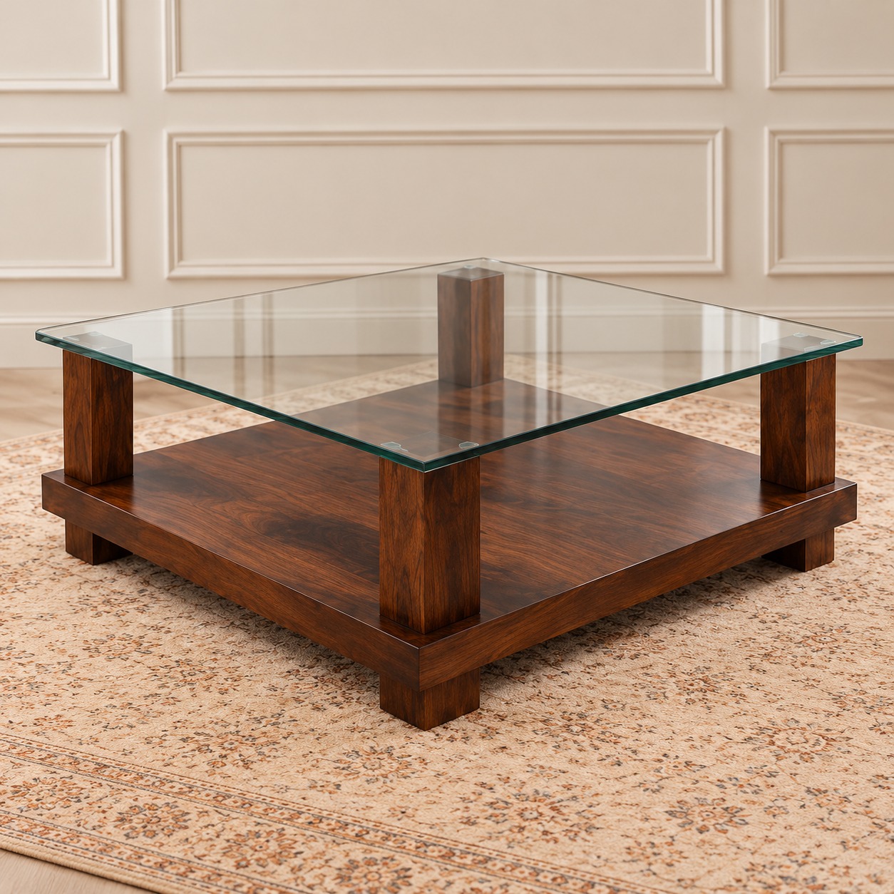 Aurora Modern Glass Top Center Table with Solid Wooden Base and Open Lower Shelf