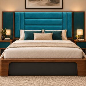 Azure Crest Luxury Bed Set with Teal Blue Upholstered Headboard, Rich Walnut Wooden Frame and Matching Bedside Tables