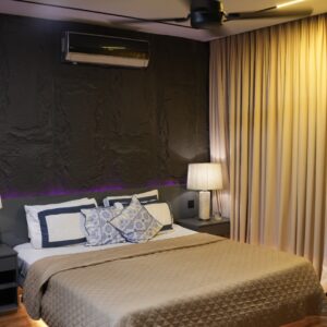Avento Modern Bed with Sleek Grey Headboard and Matching Bedside Tables