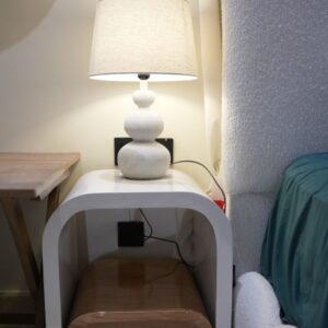 Oriva Modern Bedside Table with Sculpted White Frame, Walnut Drawer and Contemporary Open Design