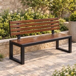 Verdano Modern Outdoor Bench with Wooden Slatted Seat, Backrest and Black Metal Frame