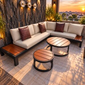 L-Shaped Outdoor Sofa Set with Cushioned Seating, Wooden Accents and Matching Coffee Tables