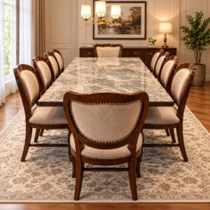 Valenza Luxury 10-Seater Dining Set with Grey Marble-Effect Rectangular Table, Walnut Wooden Frame and Cream Upholstered Chairs