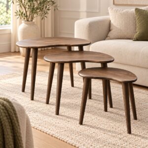 Elmora Modern Wooden Nesting Tables – Set of 3 with Organic Curved Tops and Natural Walnut Finish