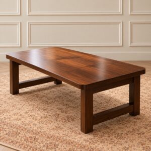 Harmony Wood Center Table with Rich Walnut Finish, Rectangular Wooden Top and Sturdy Geometric Legs
