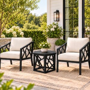 Verona Outdoor Chair Set with Black Metal Frames, Cream Cushions and Matching Side Table