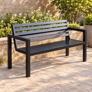 Urbano Modern Outdoor Bench with Black Slatted Seat, Open Armrests and Sleek Metal Frame