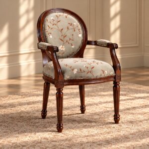 Heritage Blossom Classic Arm Chair with Floral Upholstery, Rich Walnut Wooden Frame and Elegant Round Backrest
