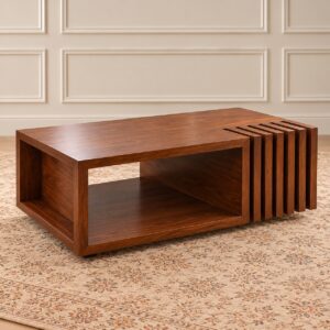 Linear Haven Modern Wooden Center Table with Rich Walnut Finish, Open Storage Shelf and Decorative Slatted Side Design