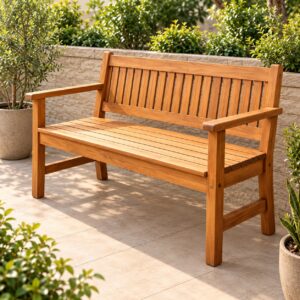 Solvere Wooden Outdoor Bench with Slatted Seat, Vertical Backrest and Clean Modern Armrests