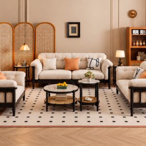Canwood Lounge Sofa Set – Cream Upholstery with Dark Wooden Frame and Matching Round Center Tables