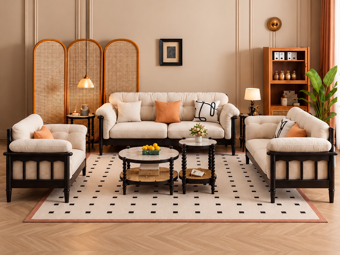 Canwood Lounge Sofa Set – Cream Upholstery with Dark Wooden Frame and Matching Round Center Tables