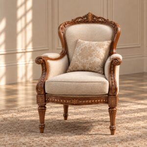 Ivory Regalia Luxury Accent Chair with Ornate Carved Wooden Frame, Cream Upholstery and Elegant Floral Detailing