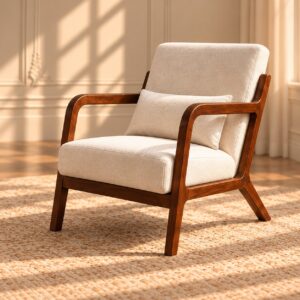 Modern Woodland Chair with Warm Walnut Finish, Cream Upholstered Cushions and Elegant Curved Wooden Armrests