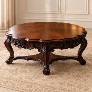 Regal Bloom Luxury Wooden Center Table with Ornate Floral Carvings, Scalloped Top and Elegant Curved Legs