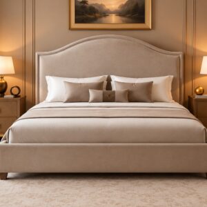 Modern Classic Upholstered Bed Set – Soft Beige Finish with Elegant Curved Headboard