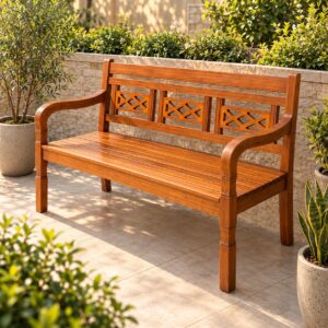 Alvano Classic Wooden Garden Bench with Decorative Lattice Backrest, Curved Armrests and Slatted Seat