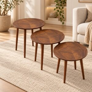 Harmony Modern Wooden Nesting Tables – Set of 3 with Round Geometric Walnut Tops and Tapered Wooden Legs