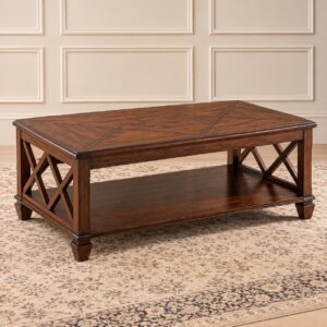 Ashton Shelf Center Table with Rich Walnut Finish, Decorative Cross-Lattice Sides and Spacious Lower Storage Shelf
