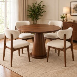 Avenor Modern 4-Seater Dining Set with Round Walnut Table, Sculpted Pedestal Base and Cream Upholstered Chairs