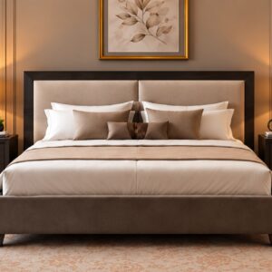 Minimalist Upholstered Bed Set – Beige Padded Headboard with Dark Walnut Wooden Frame