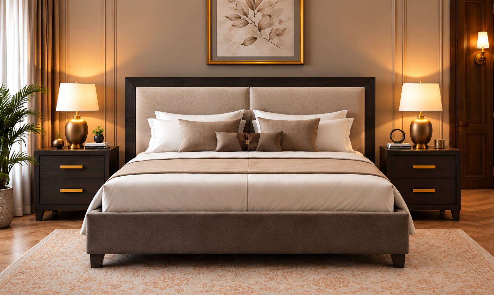 Minimalist Upholstered Bed Set – Beige Padded Headboard with Dark Walnut Wooden Frame