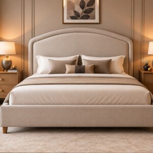 Luxe Curve Upholstered Bed Set – Soft Beige Finish with Elegant Curved Headboard
