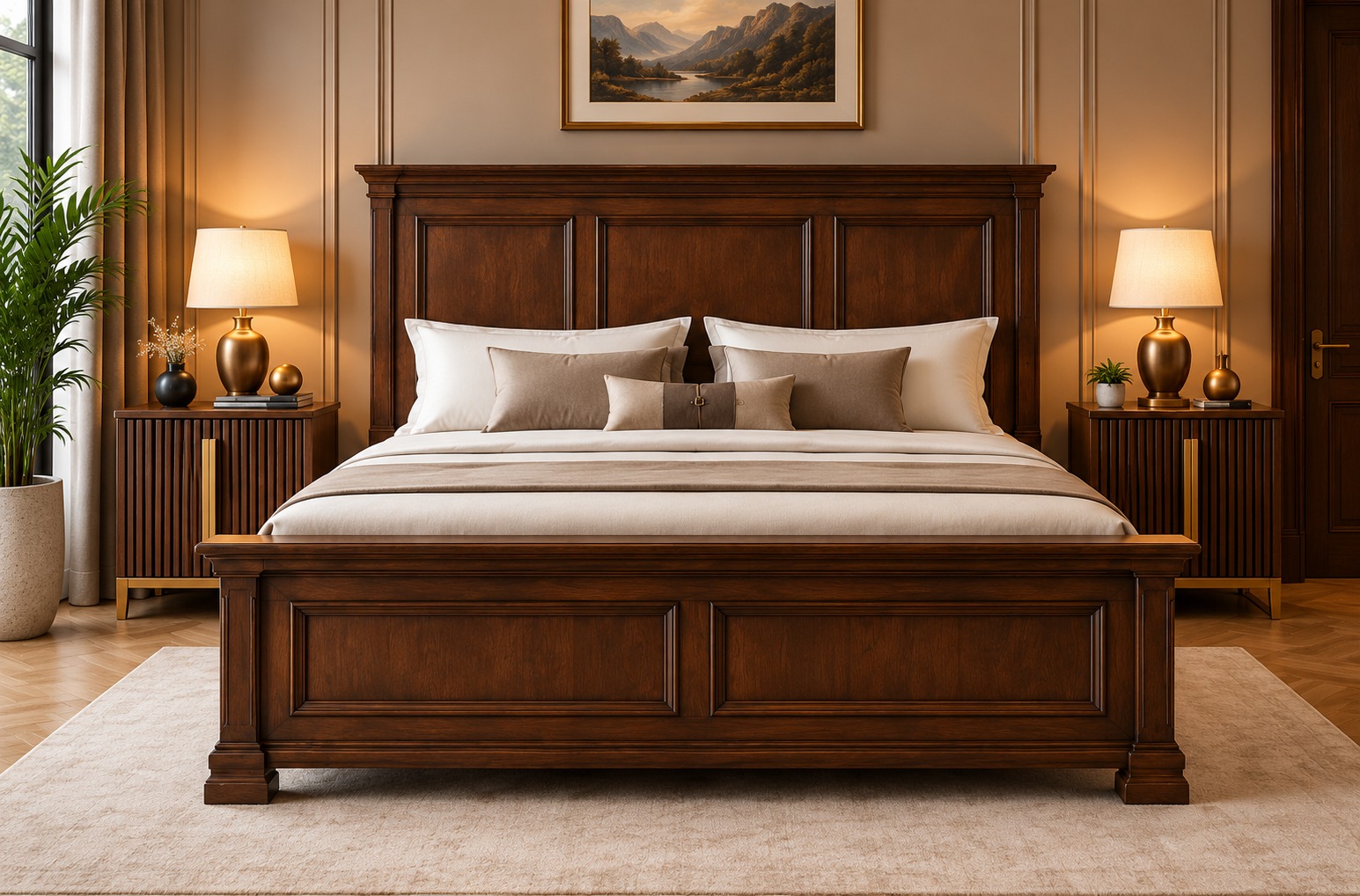 Panel Oak Wooden Bed Set – Rich Dark Walnut Finish with Classic Framed Panel Design
