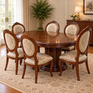 Montero Classic 6-Seater Dining Set with Rich Walnut Finish, Oval Pedestal Table and Upholstered Floral Chairs